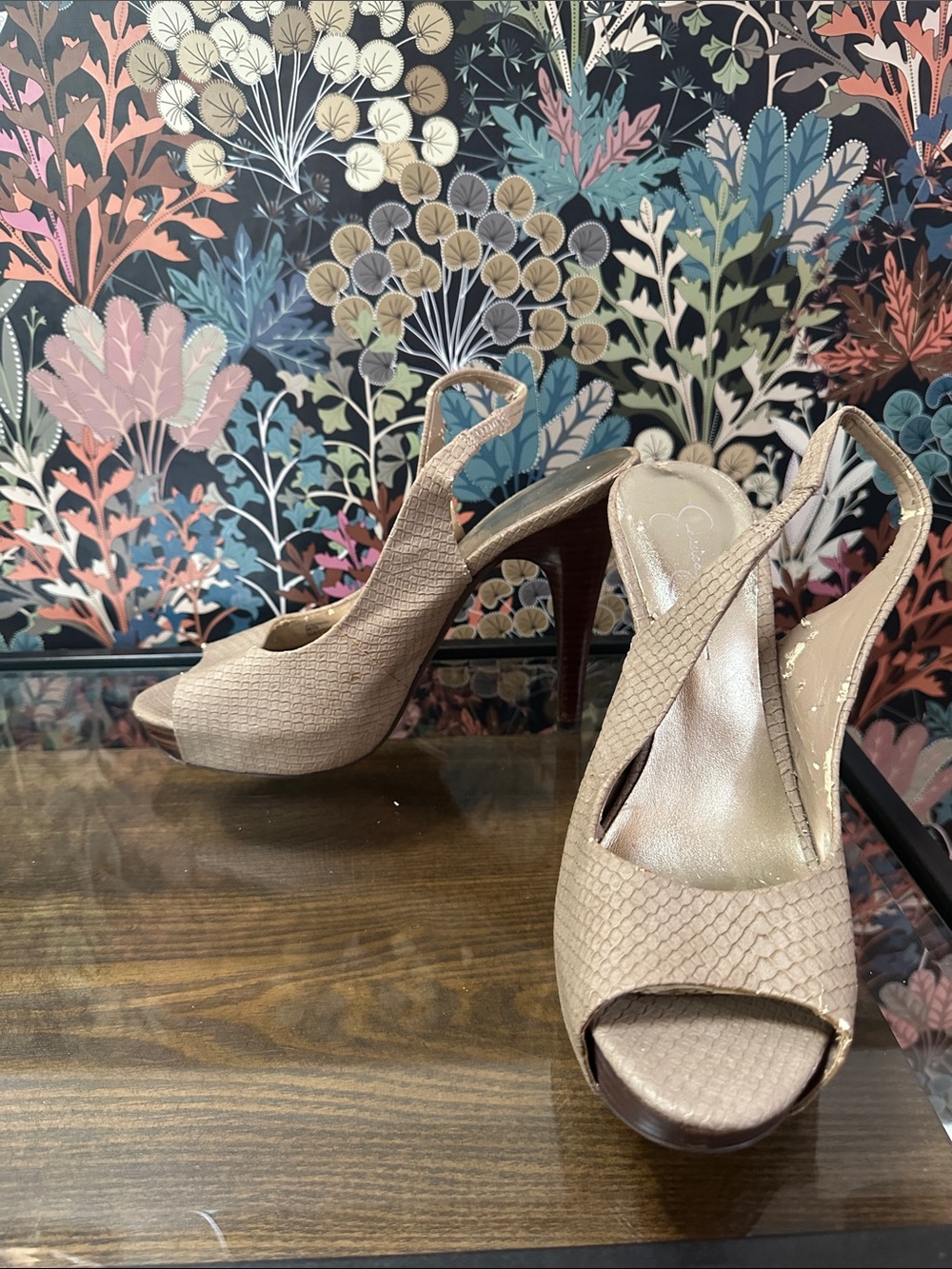 Jessica Simpson tan textured slingback platform Peep-Toe Heels